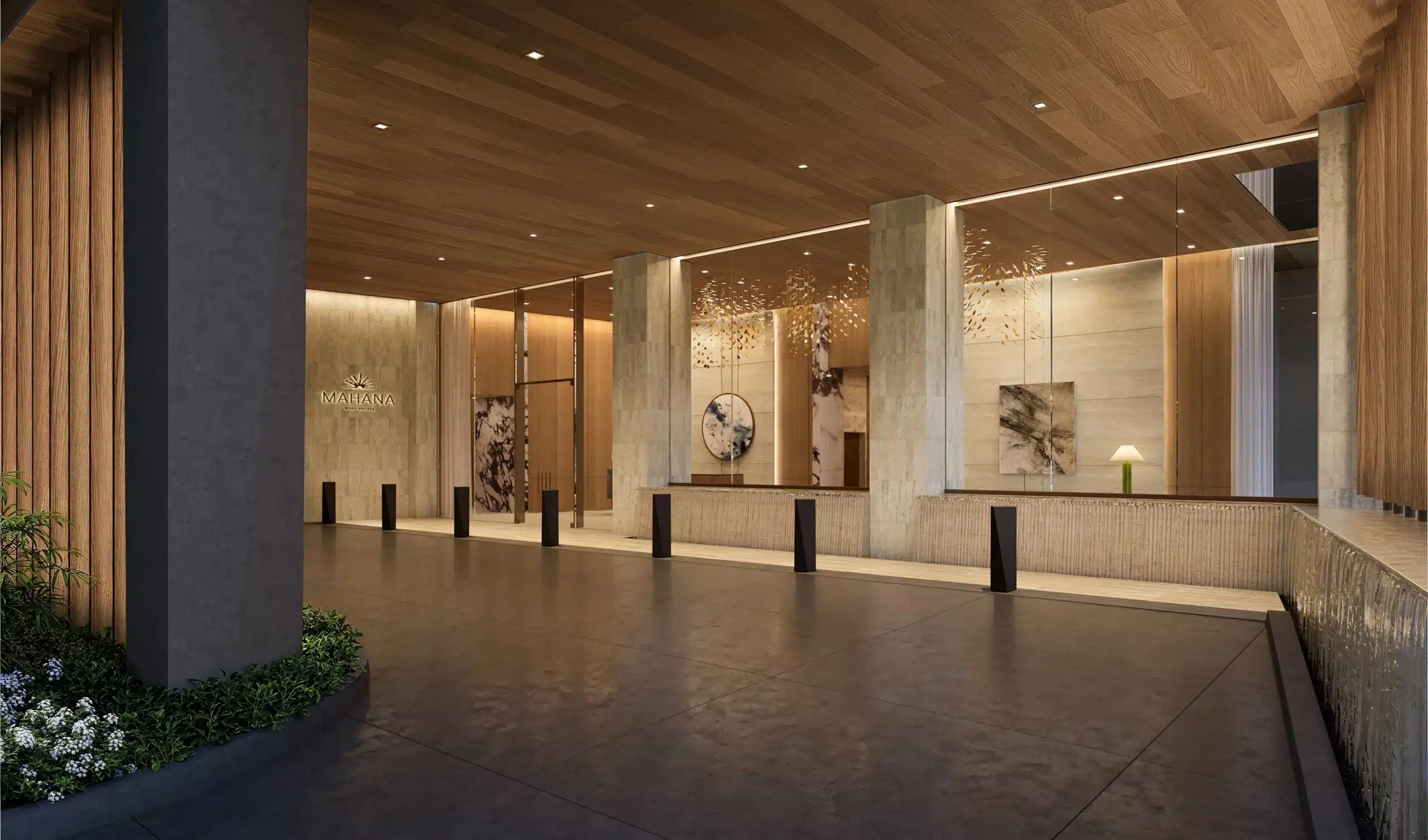 Modern hotel lobby with wood ceiling, tall pillars, abstract art on walls, a reception desk, and minimalistic lighting.