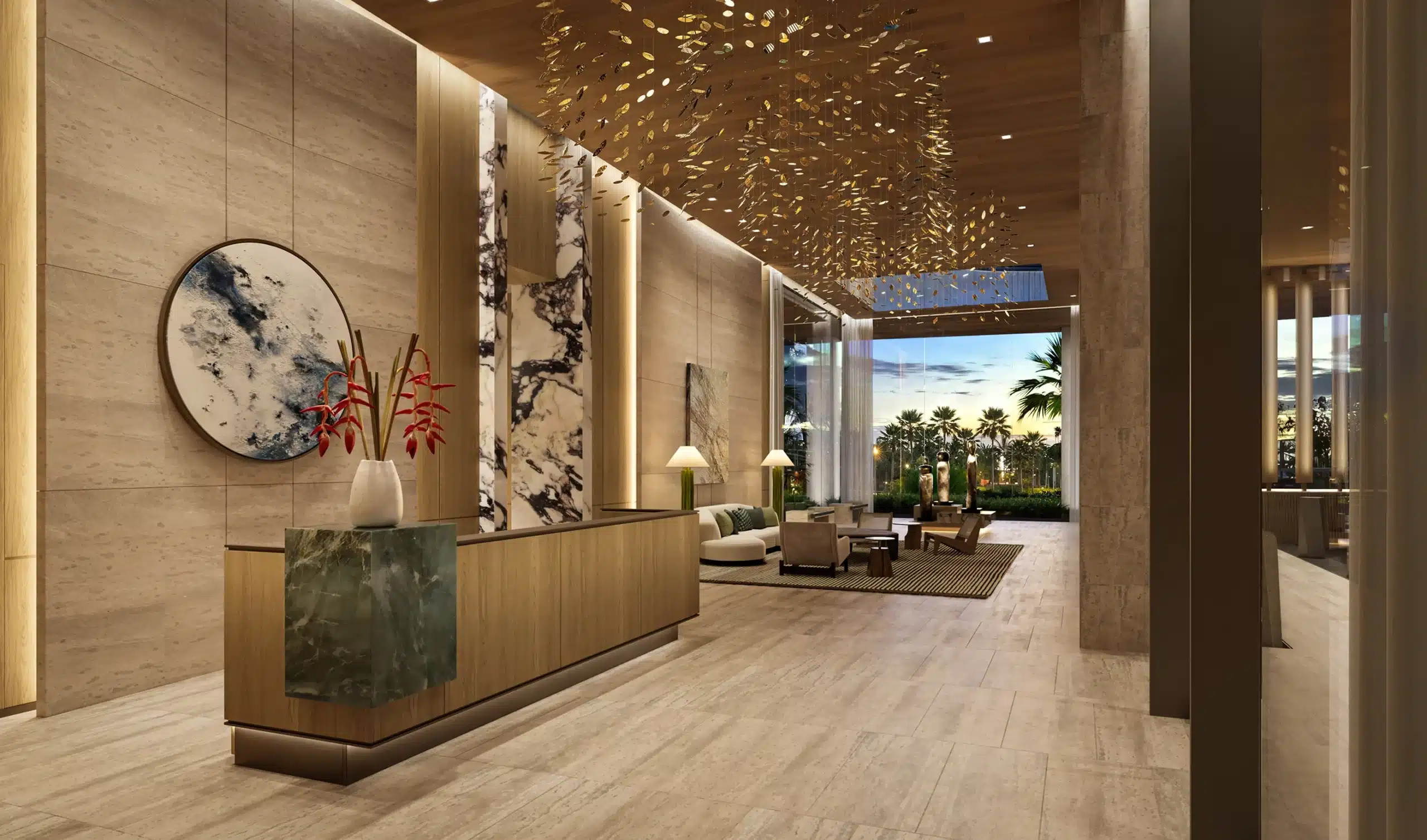 Modern hotel lobby with marble floors, wooden ceiling, contemporary furniture, artistic decor, and large windows overlooking palm trees and a garden.