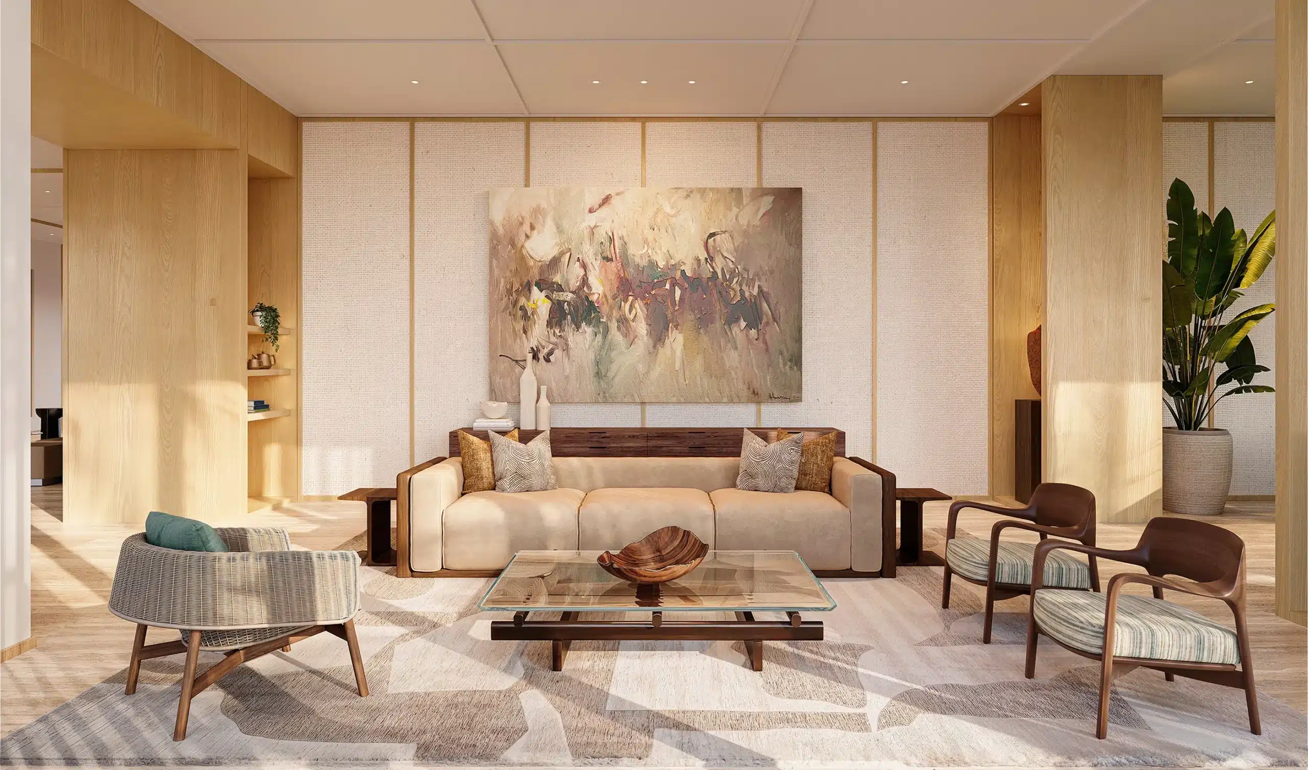 Modern living room with a cream sofa, glass coffee table, armchairs, abstract wall art, wooden accents, and a large potted plant in the corner. Natural light fills the bright space.
