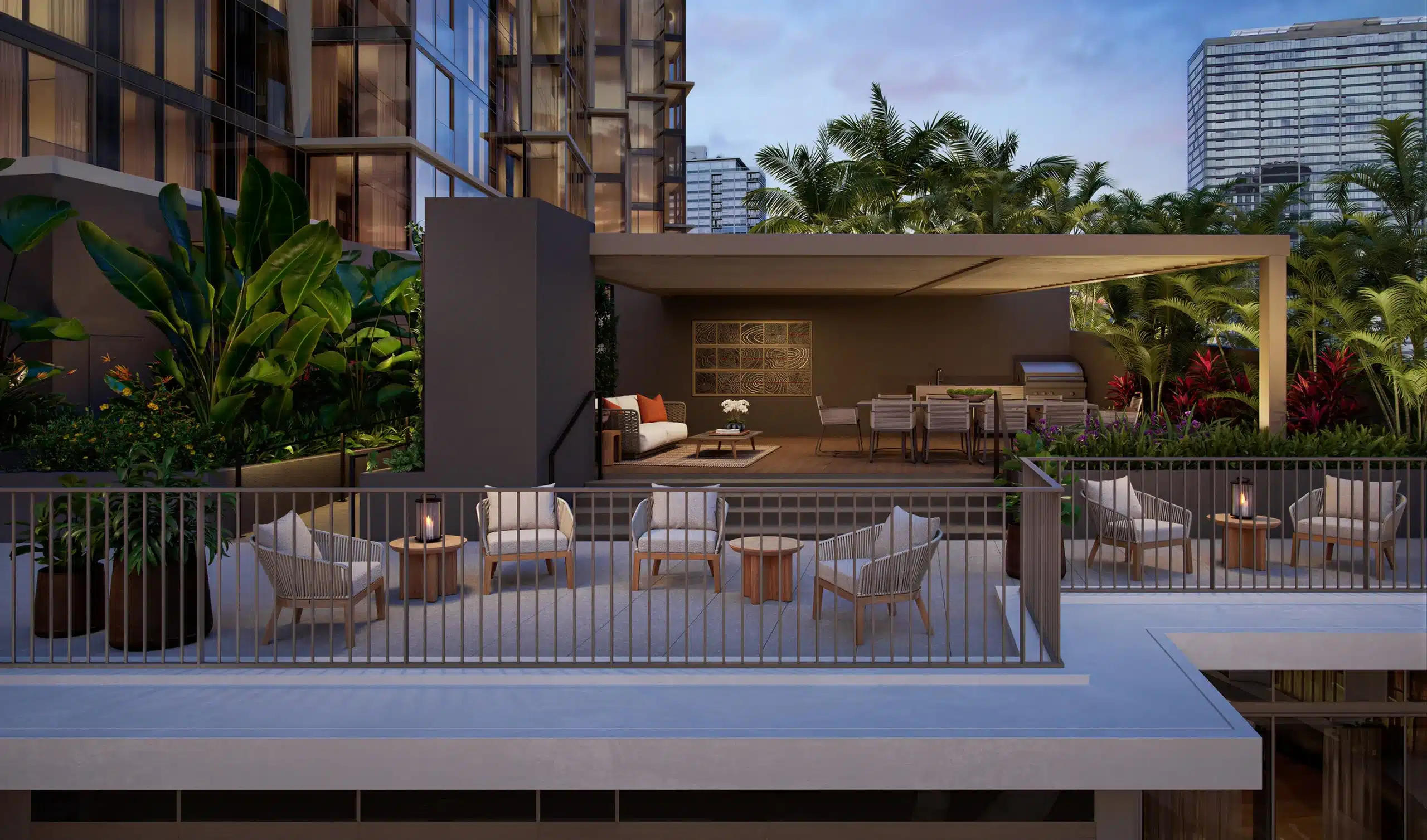 Outdoor terrace with lounge seating, small tables, potted plants, and a covered area featuring a sofa, dining table, and grill; surrounded by tropical greenery and modern buildings.