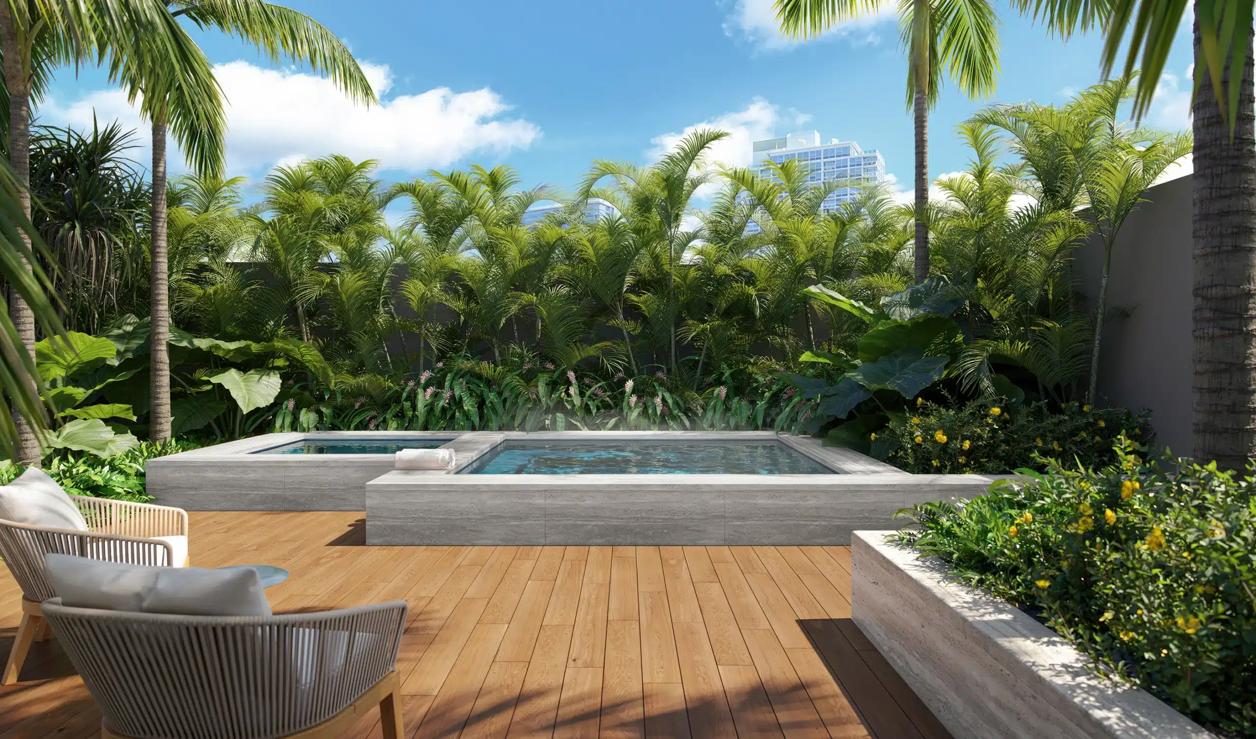 A modern outdoor patio features two square hot tubs, wooden decking, lounge chairs, lush green plants, and tall palm trees under a blue sky.