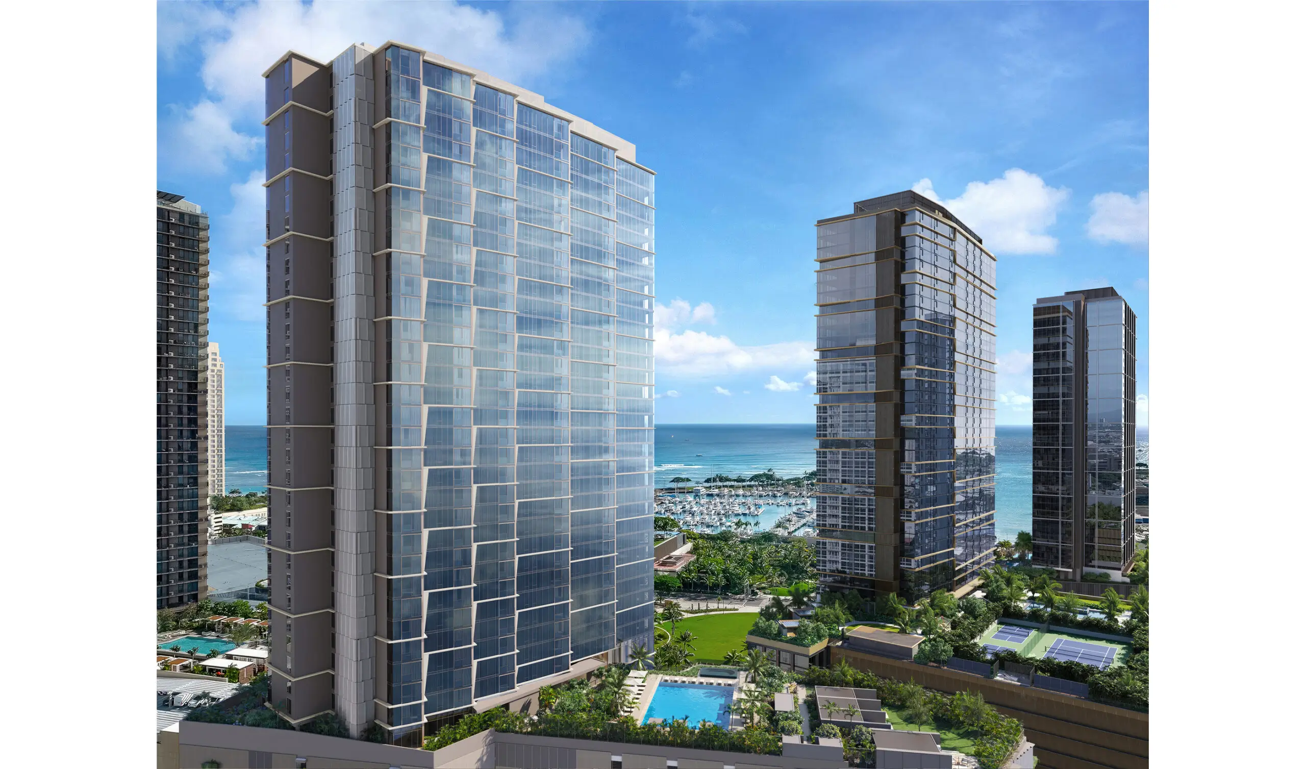 Three modern high-rise buildings with glass facades overlook a pool, green spaces, and the ocean under a blue sky with scattered clouds.