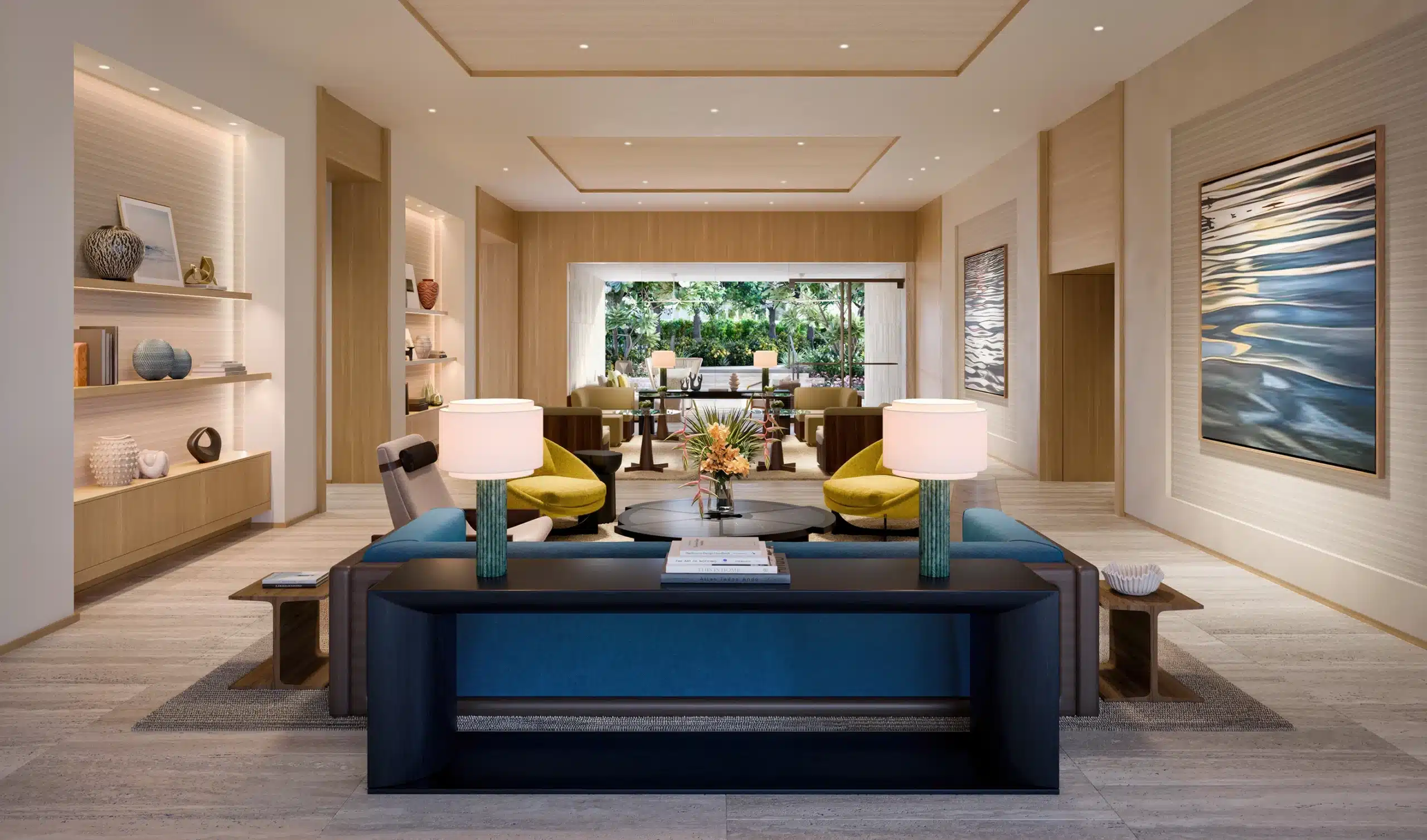 Modern living room with neutral tones, blue sofa, two table lamps, abstract art, and large windows overlooking greenery. Shelves with decor are on the left wall.