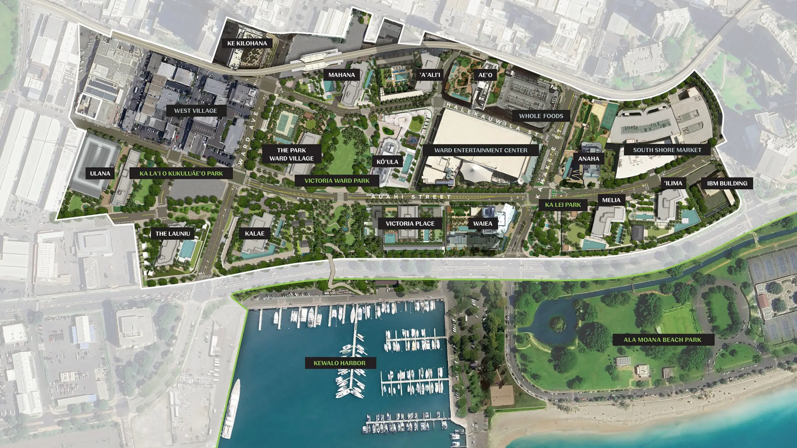 Aerial map of a waterfront urban development showing labeled buildings, parks, roads, marina, and shaded green spaces next to Ala Moana Beach Park and Kewalo Harbor.