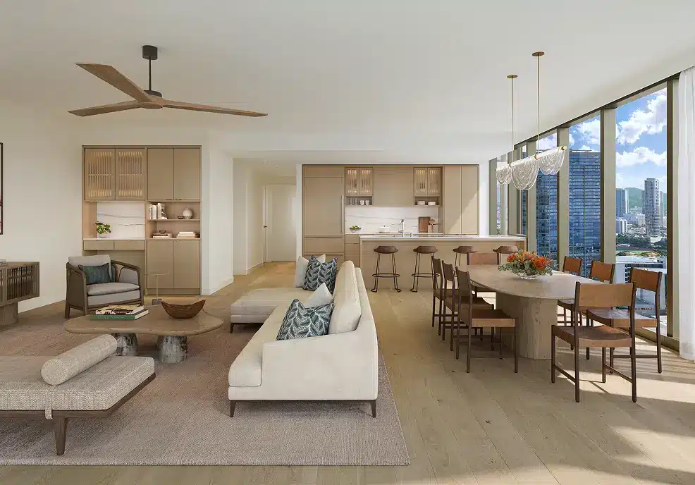 Open-concept living and dining area with modern neutral furnishings, large windows, city view, wood flooring, and a kitchen with bar stools.