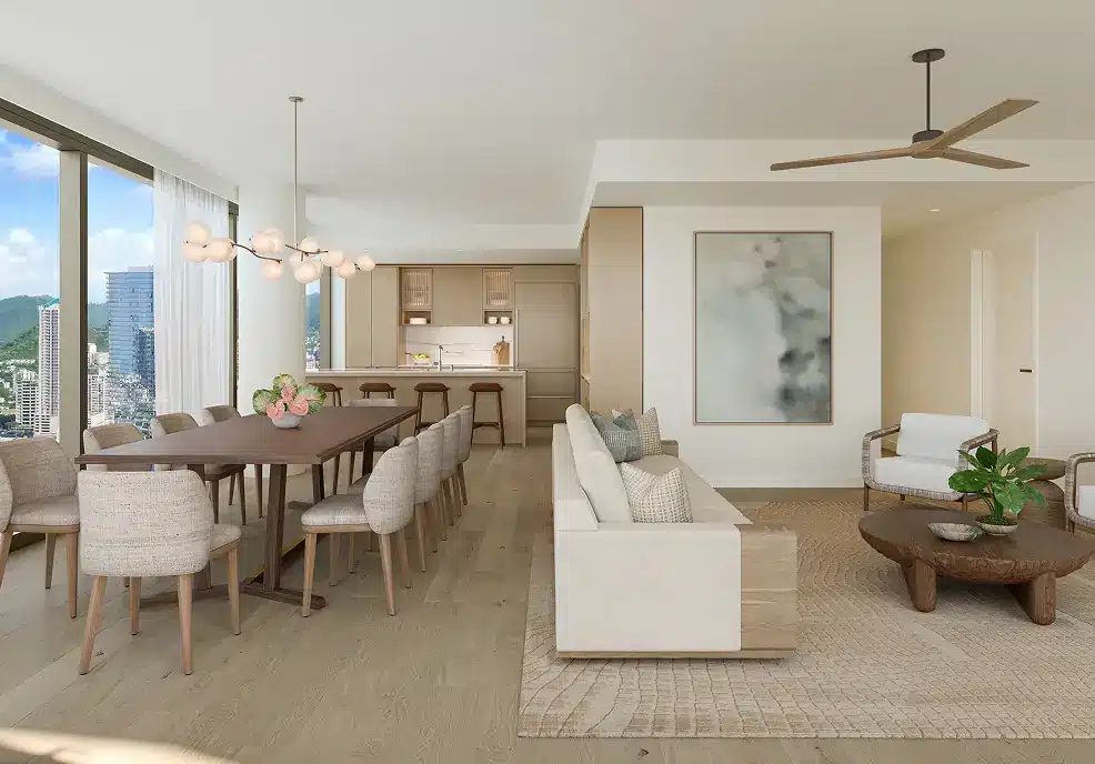 Modern open-concept living and dining area with neutral tones, large windows overlooking a city, a long dining table, sofa, armchair, and a ceiling fan.