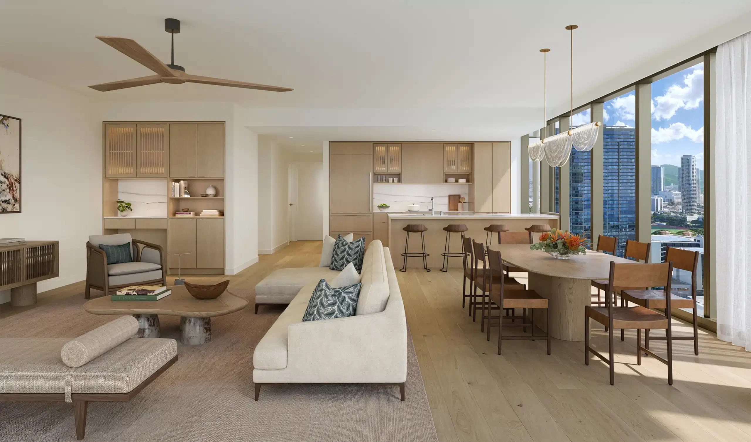 Modern open-concept living, dining, and kitchen area with wood flooring, neutral furniture, large windows, and city views.