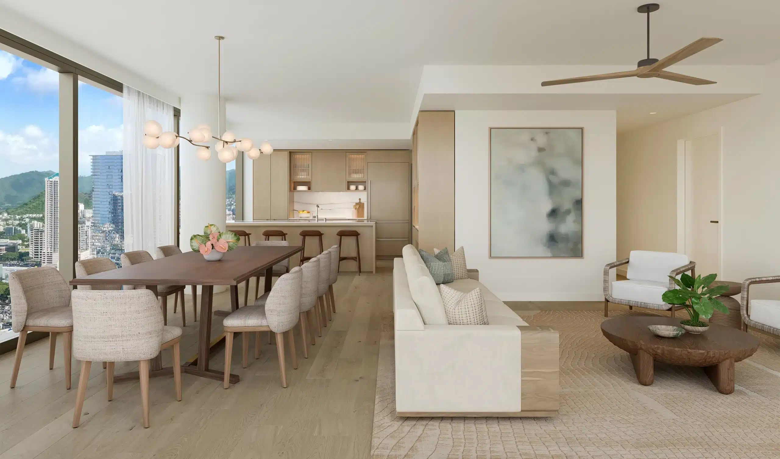 Modern open-concept living and dining area with neutral tones, large windows, city view, contemporary furniture, and minimalist decor.