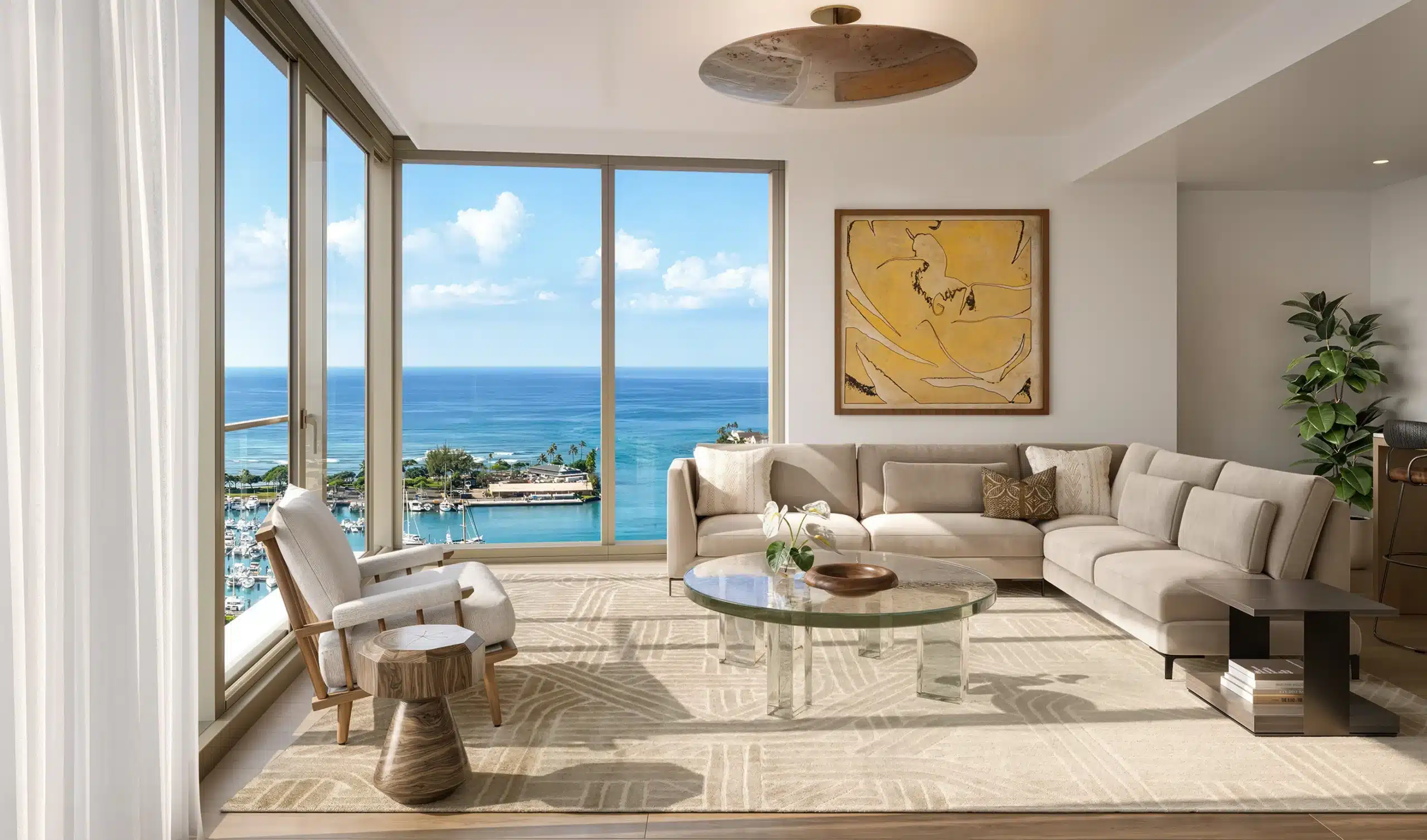 Modern living room with beige furniture, large windows overlooking the ocean, abstract wall art, glass coffee table, and sunlight streaming in. Lush plant in the corner and marina visible outside.