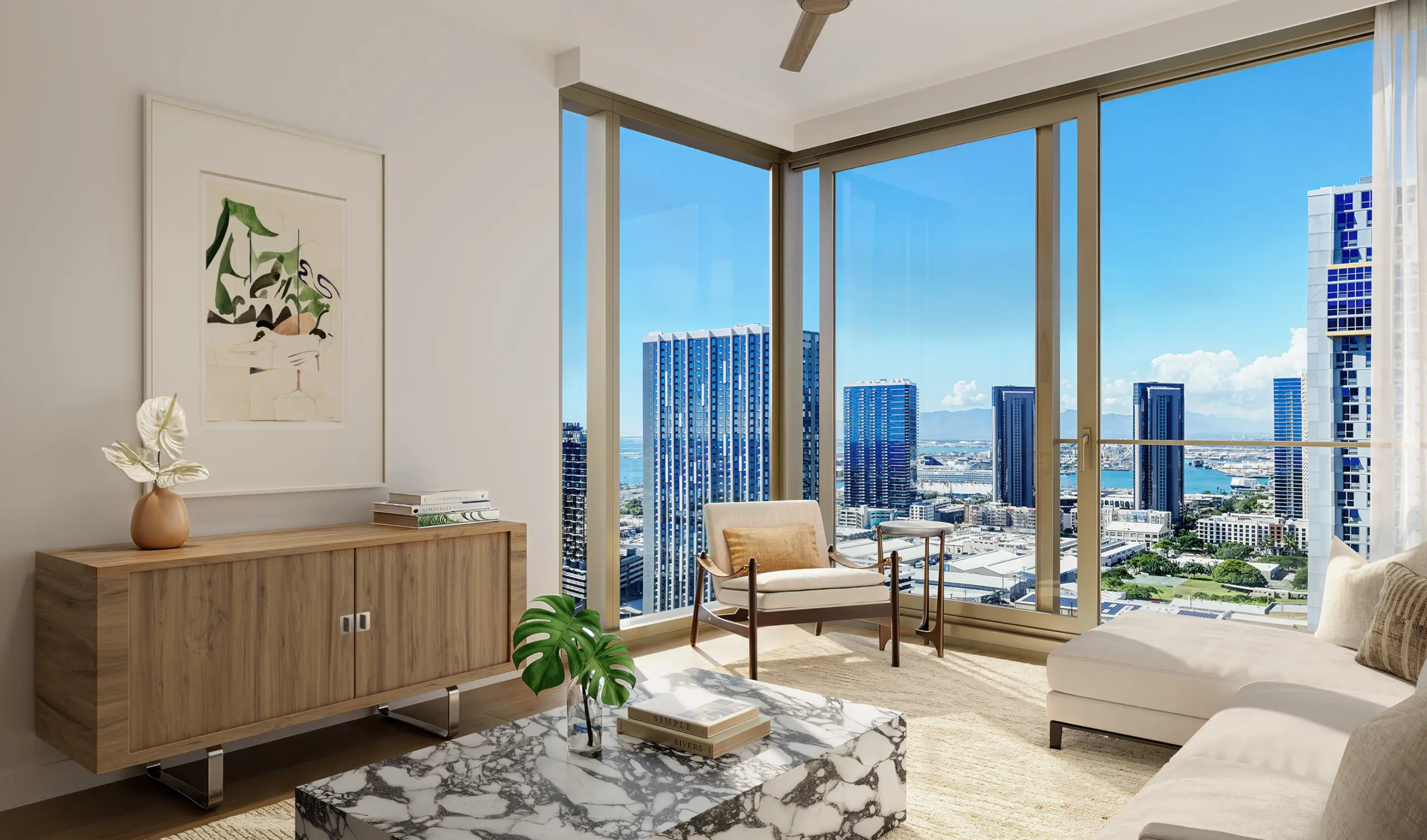 Modern living room with large windows, city skyline view, neutral furniture, marble coffee table, and wall art; natural sunlight fills the space.