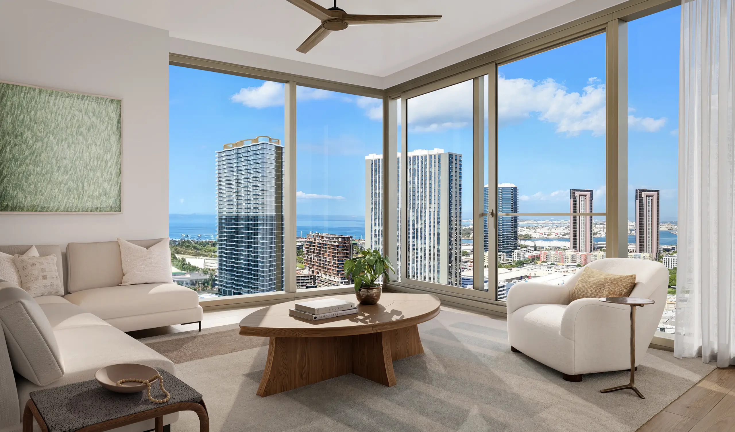 Modern living room with large windows, city skyscraper views, a wooden coffee table, white sofas, a ceiling fan, and a potted plant. Bright natural light fills the space.