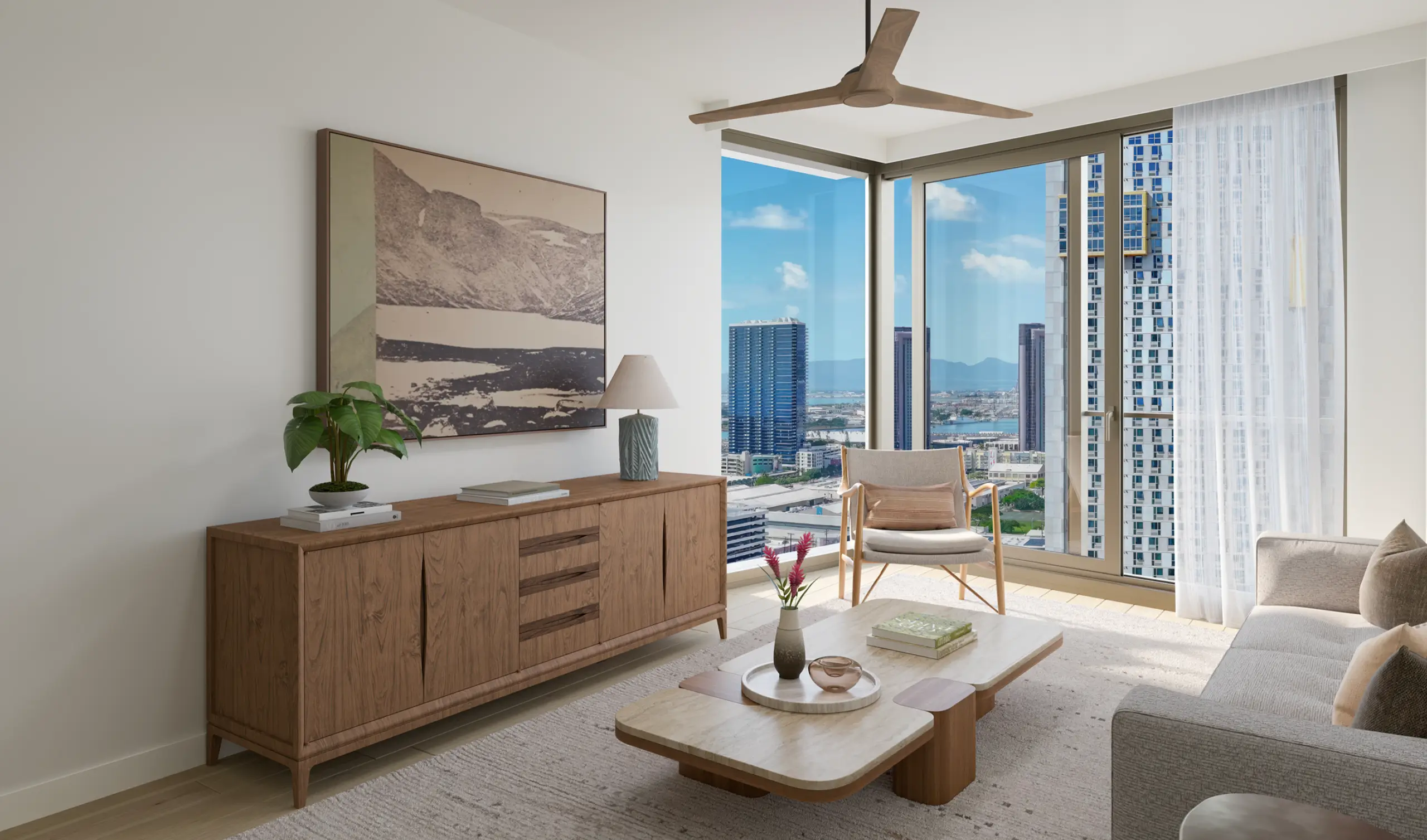Modern living room with wooden furniture, large artwork, potted plant, large windows, city view, and neutral color tones.