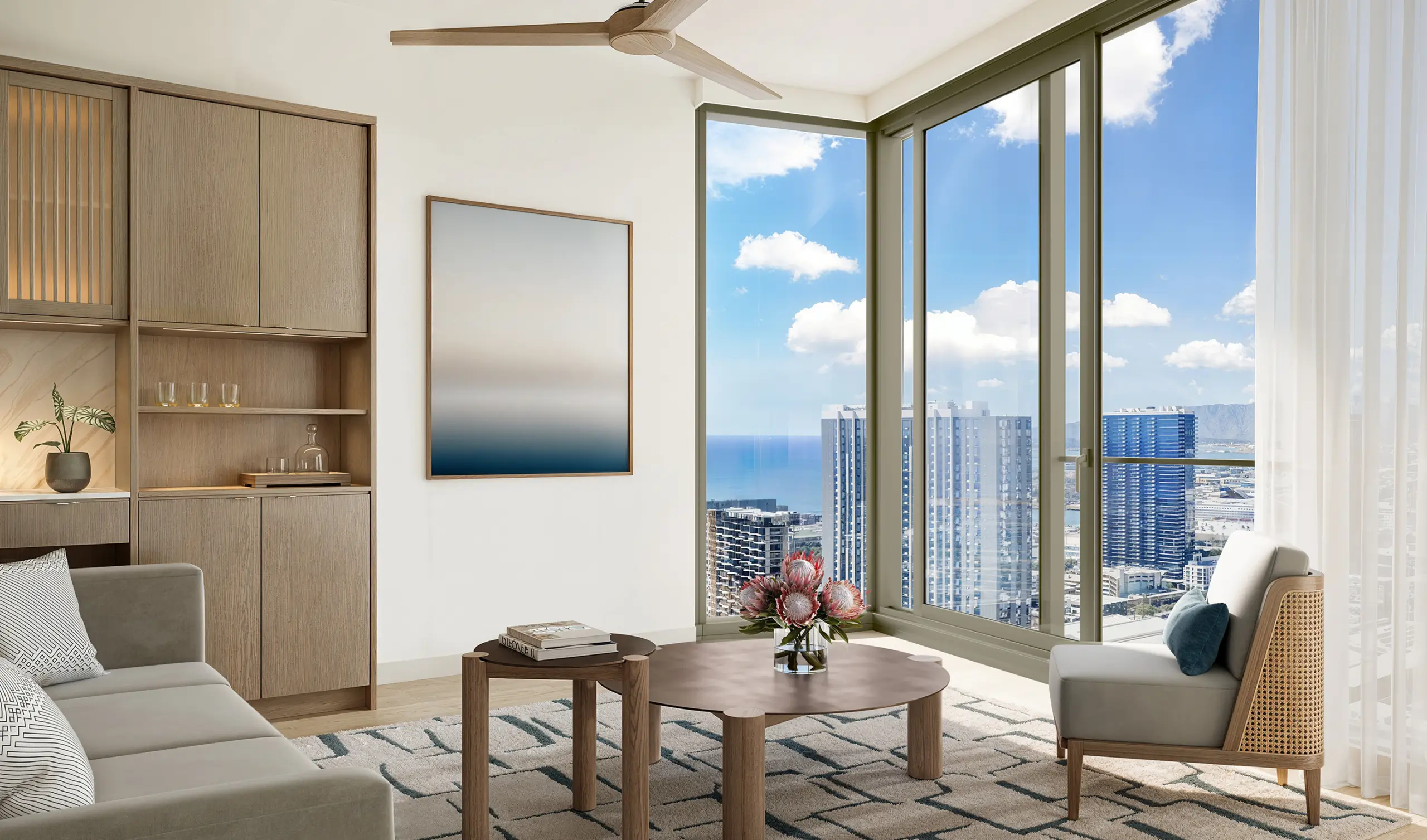 Modern living room with wood furniture, abstract wall art, large windows, city and ocean views, and neutral-toned decor.