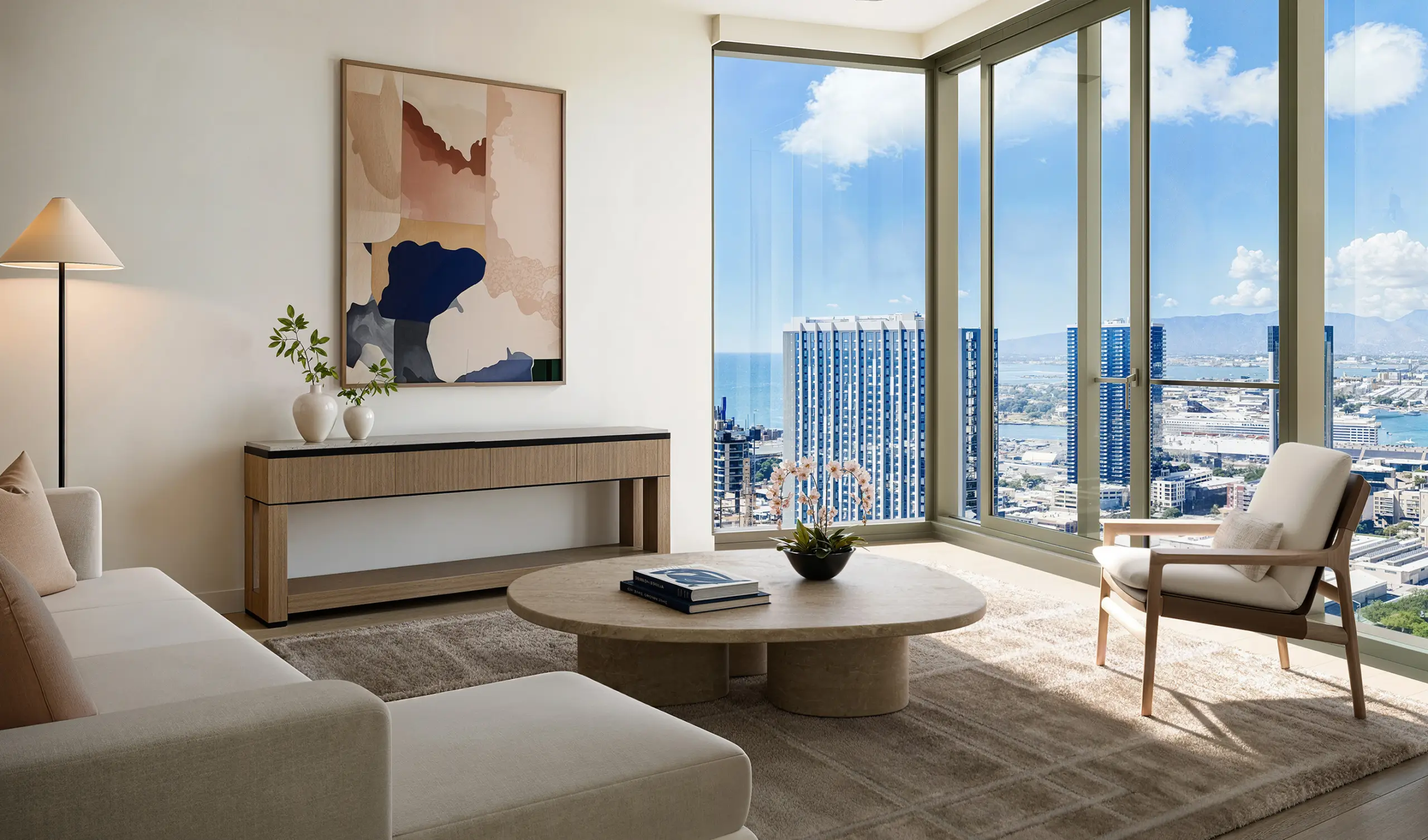 Modern living room with beige furniture, abstract wall art, a round coffee table, floor lamp, and large windows overlooking a city skyline and ocean under a clear sky.