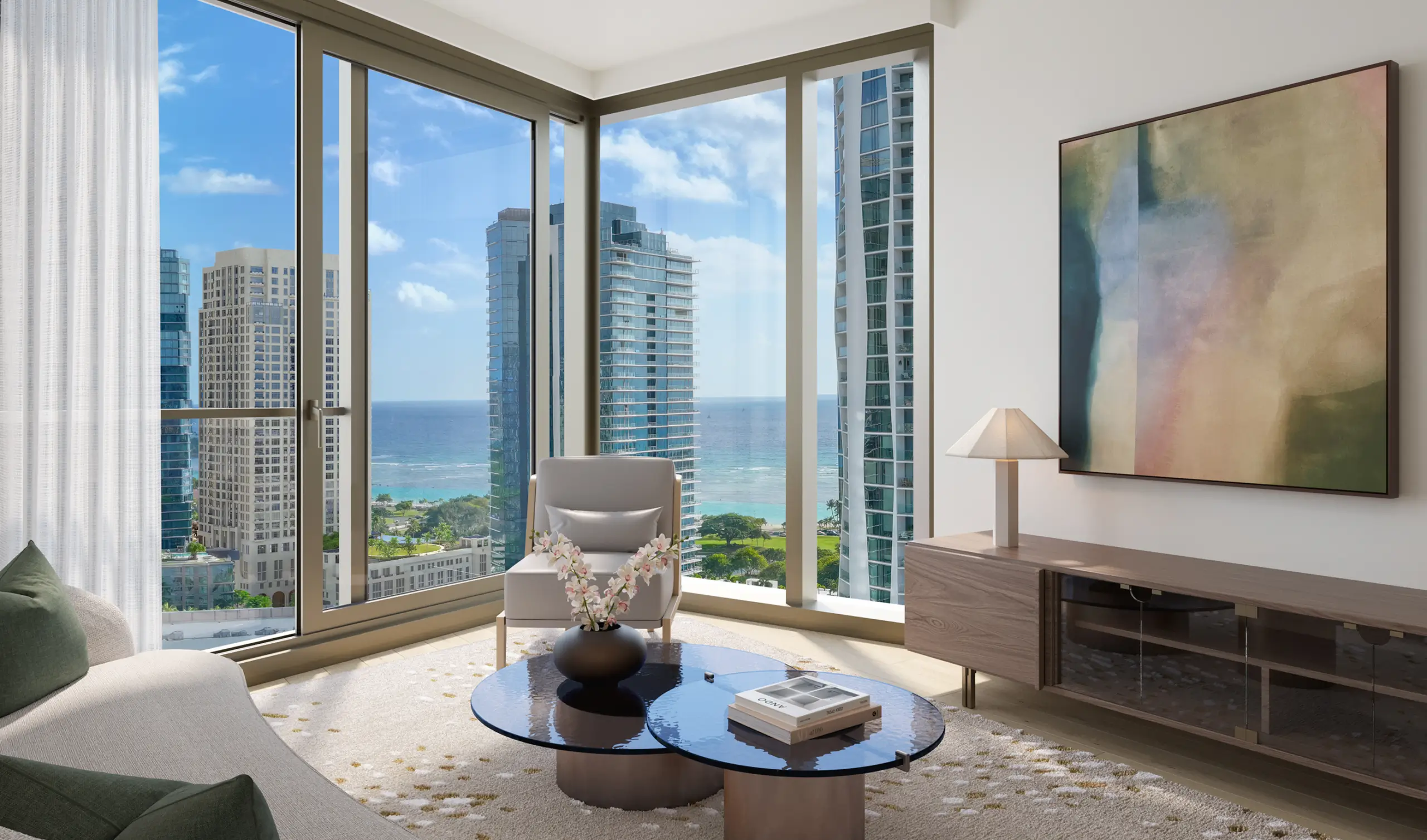 Modern living room with large windows showing city skyscrapers and ocean view, furnished with a gray chair, sofa, round glass coffee table, abstract painting, and wooden sideboard.