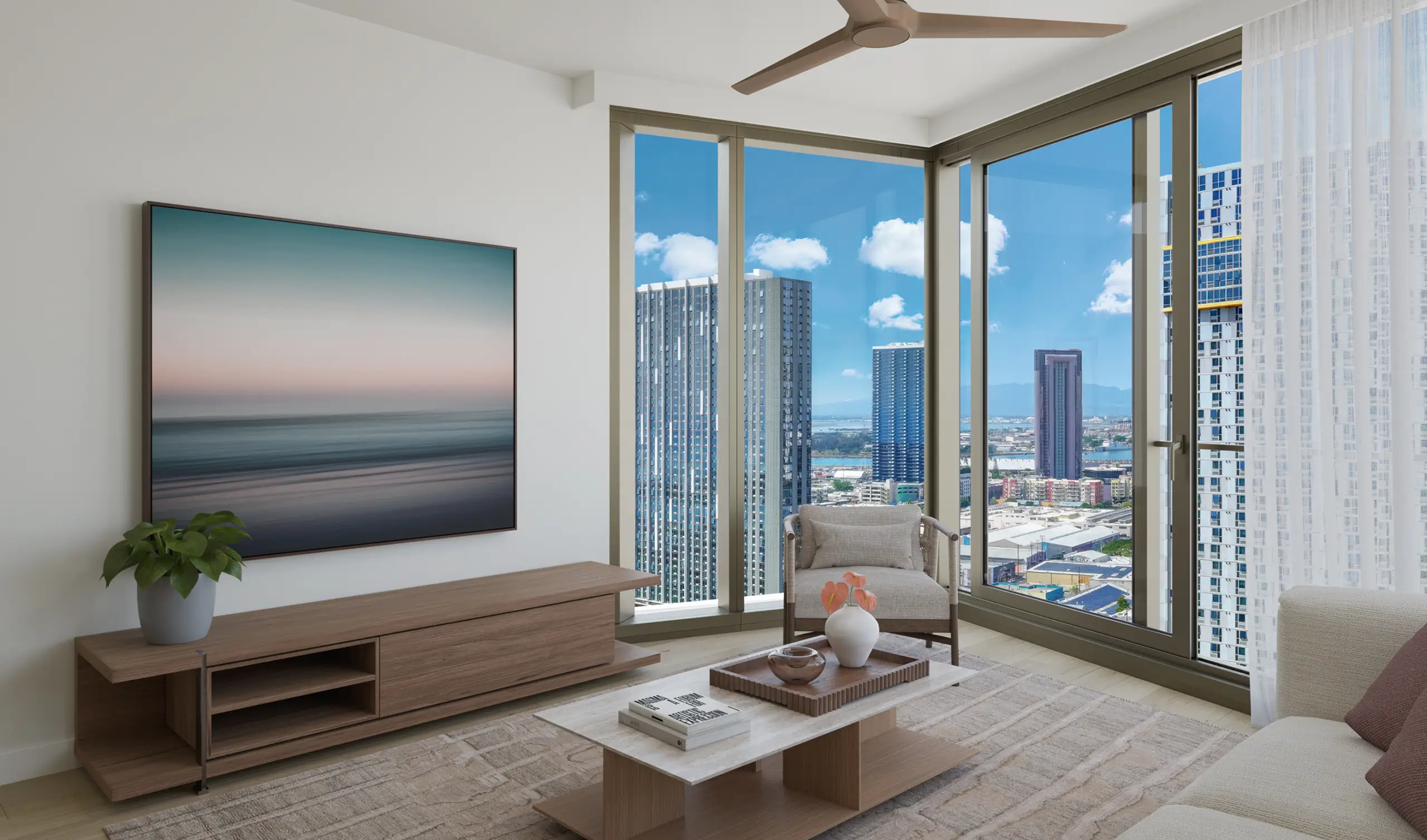 Modern living room with large windows, city view, neutral furniture, abstract wall art, ceiling fan, coffee table with decor, and potted plant on TV stand.