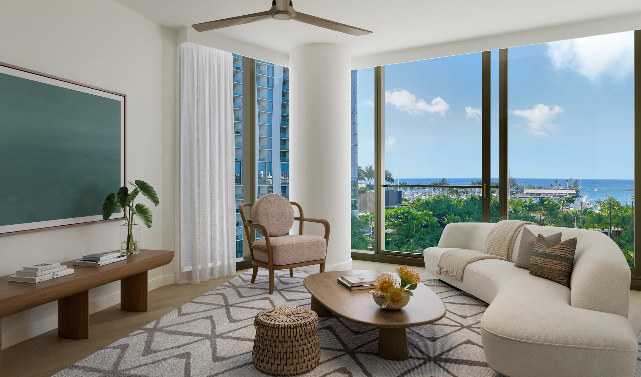 Modern living room with neutral furnishings, a large window showing a cityscape and ocean view, wooden furniture, and green plants.