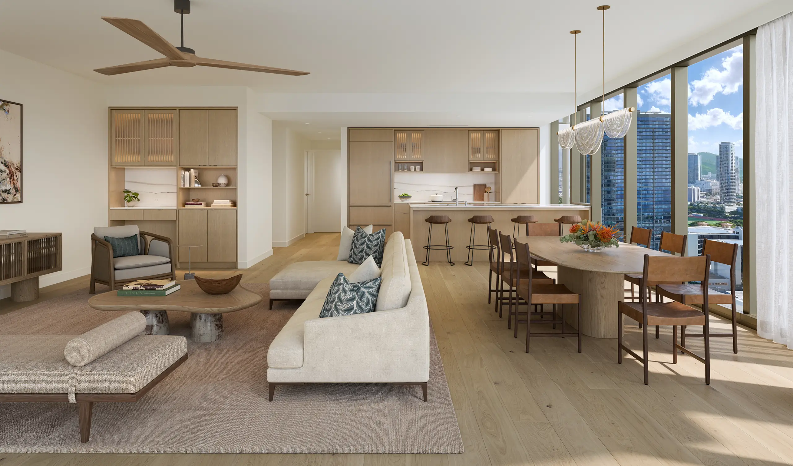 Modern open-concept living and dining area with wooden flooring, neutral tones, large windows, city views, and contemporary furnishings.