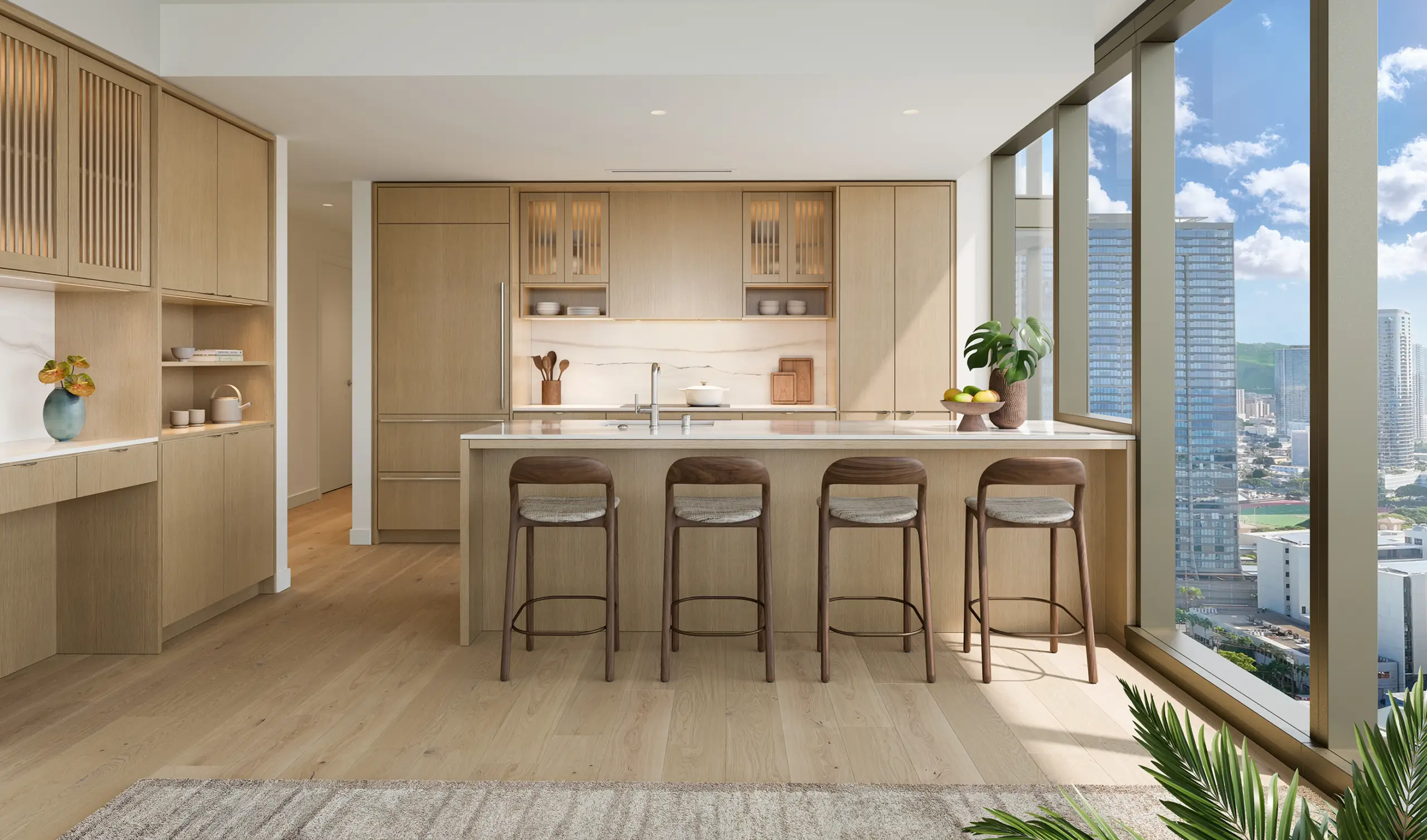 Modern kitchen with light wood cabinets, island with four stools, and large windows offering a city view.