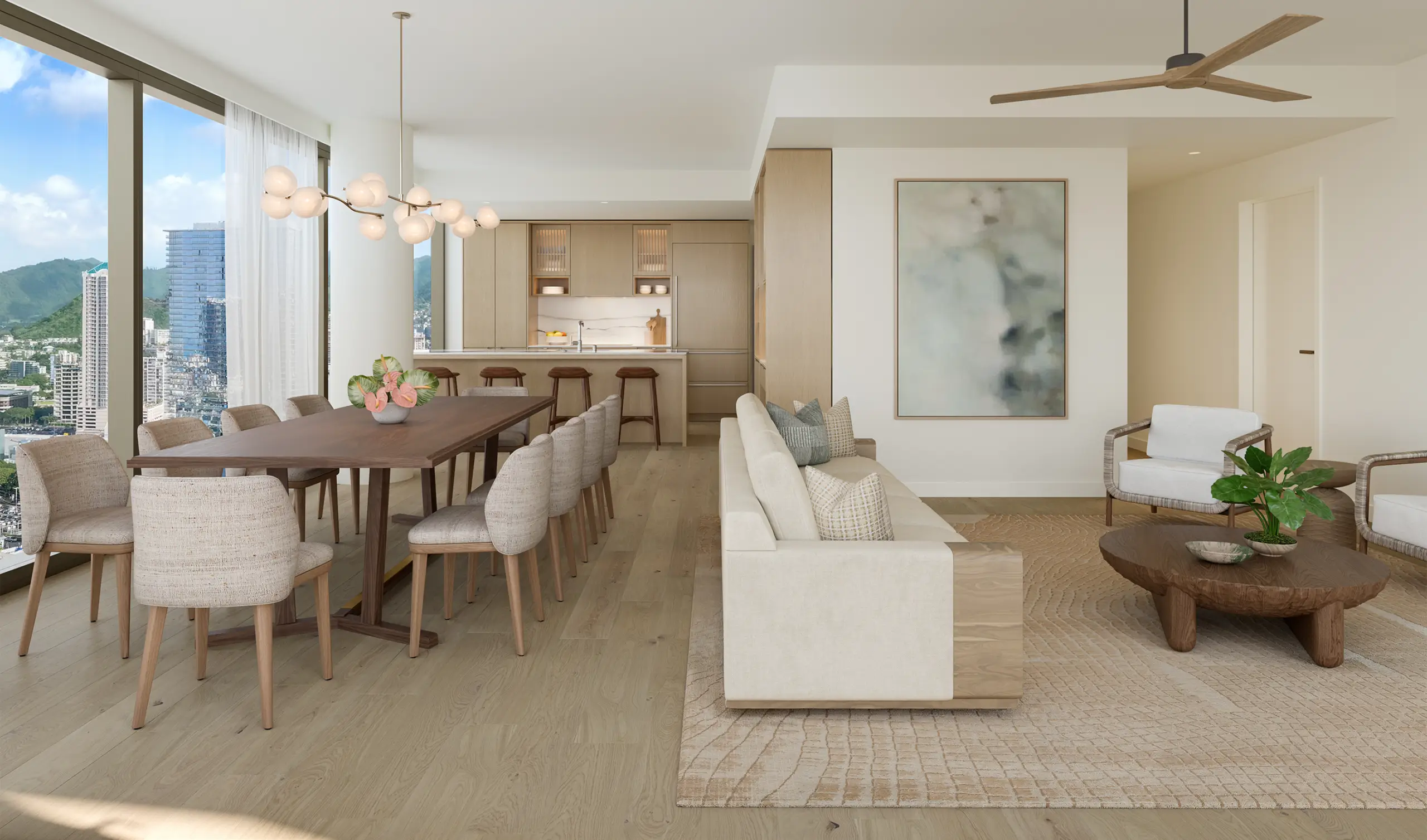 Modern open-plan living and dining area with neutral tones, large windows, wooden furniture, and a ceiling fan, overlooking a cityscape.