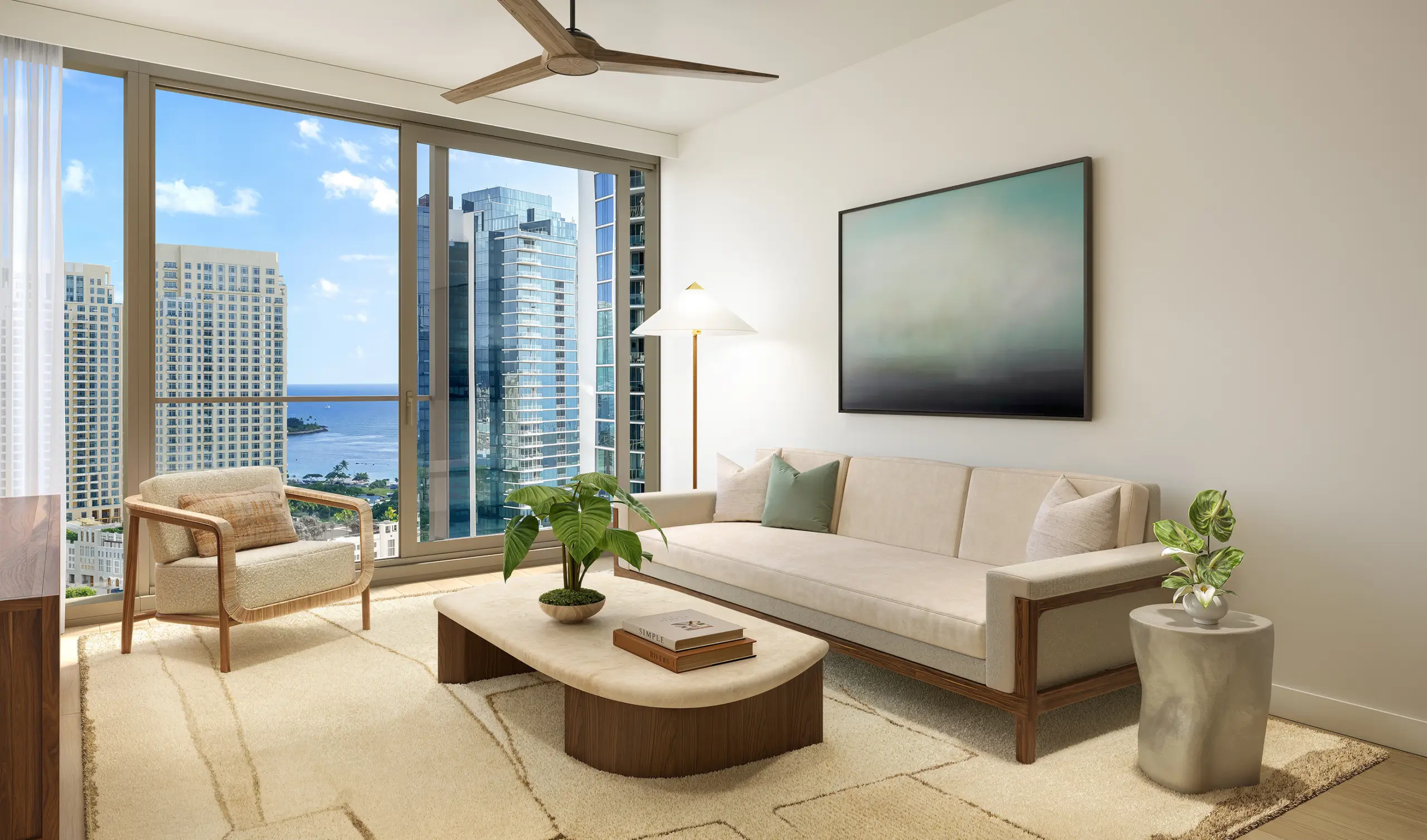 Modern living room with beige furniture, large windows showing city buildings and water view, light rug, plants, and abstract wall art.
