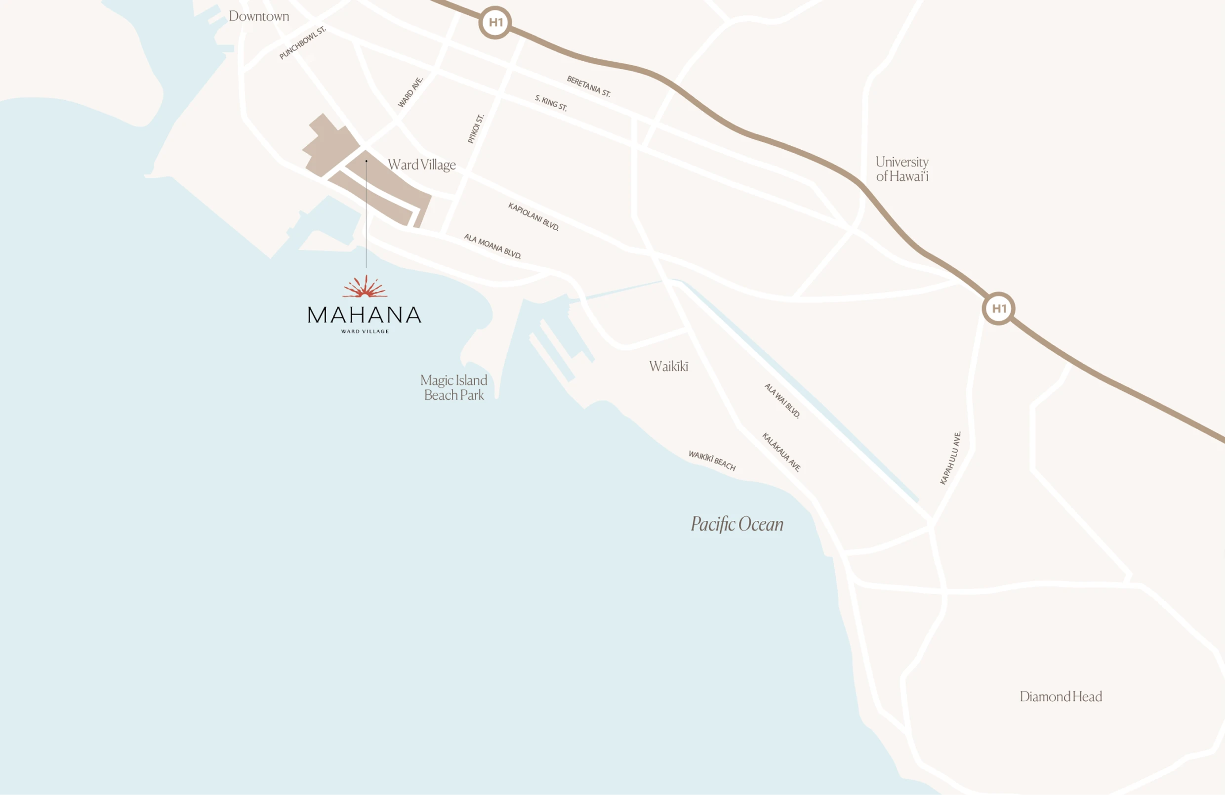 Map showing Mahana luxury homes by the Pacific Ocean, near Ward Village, Downtown, Magic Island Beach Park, Waikīkī, University of Hawai'i, and Diamond Head.